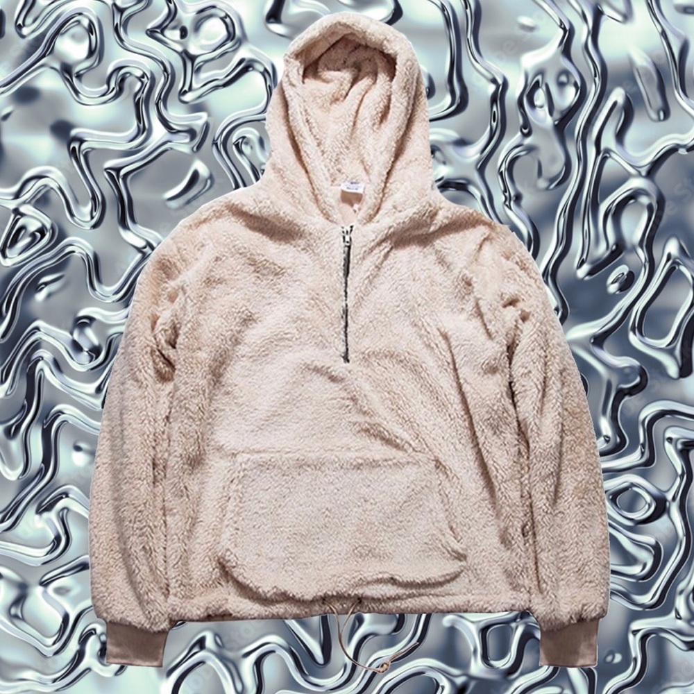 Fuzzy Beige Drawstring Hoodie